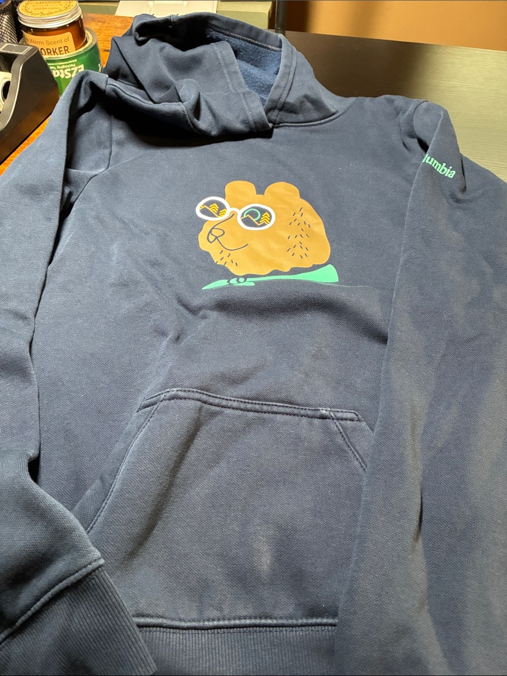 Columbia Navy Hoodie with Bear Graphic and Teal Accents